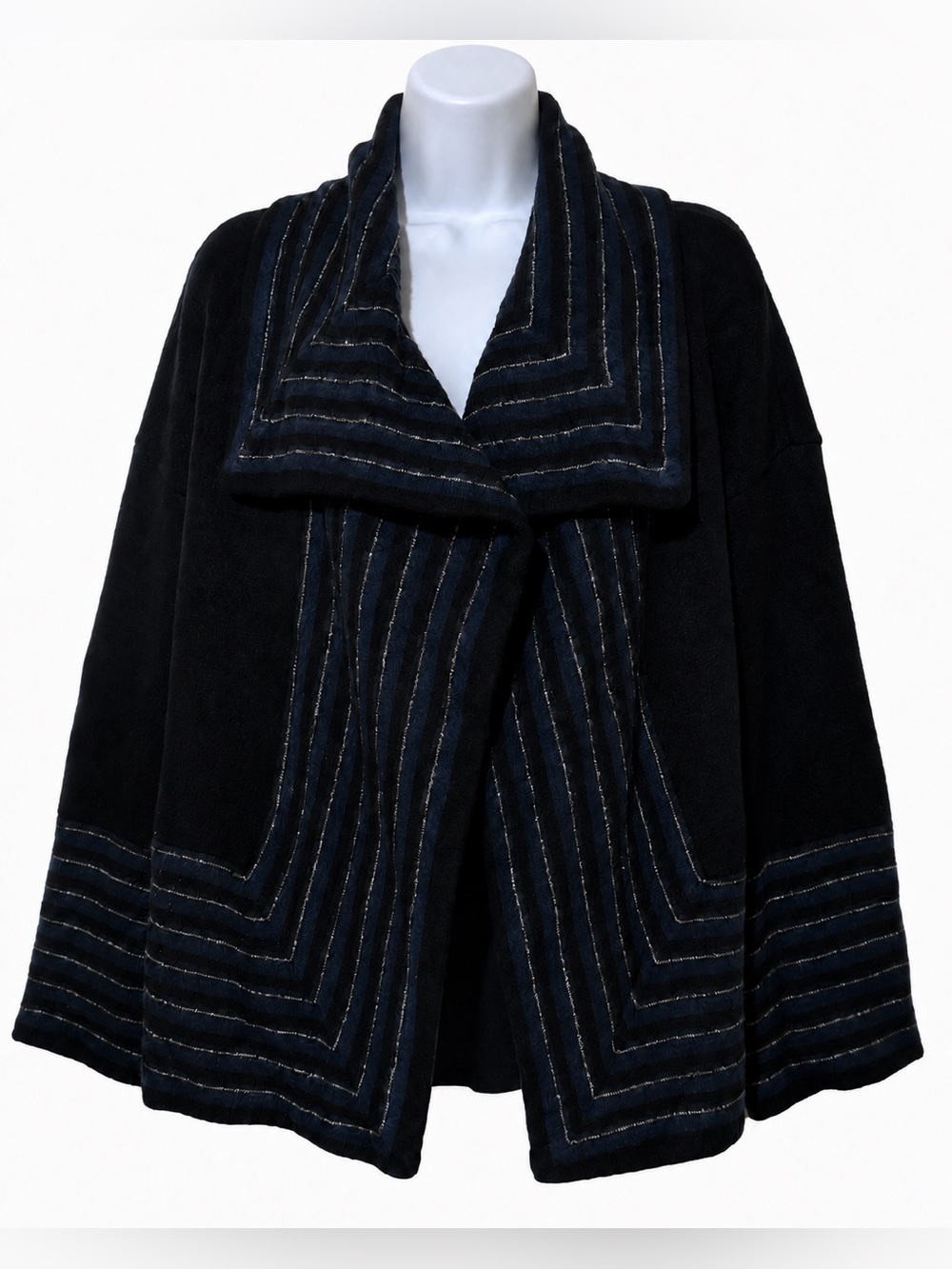 Fever Women’s Thick Black Open-Front Cascade Cardigan Coat with Navy Trim Size S
